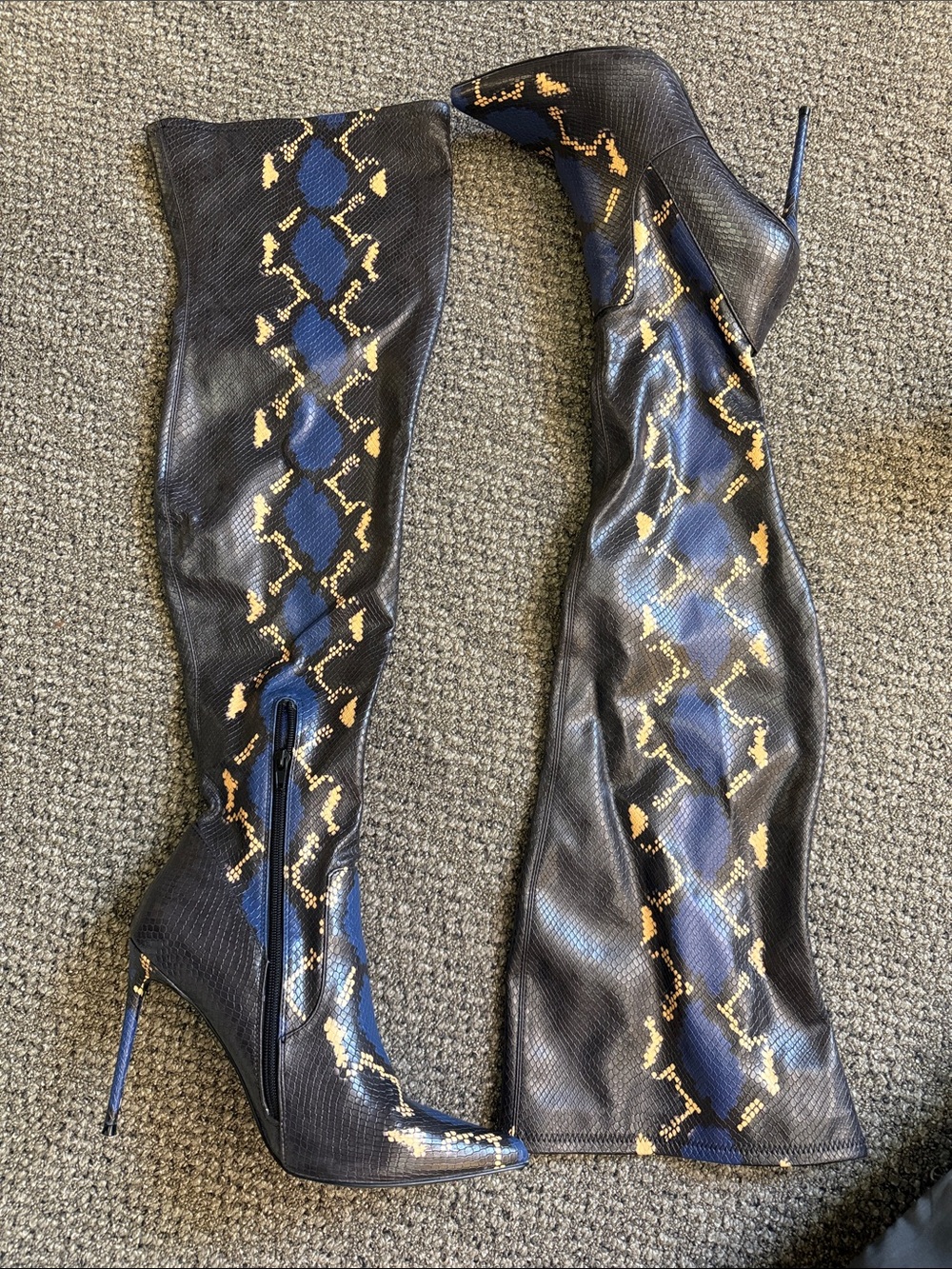 Steve Madden Over-the-Knee Snake Print Stiletto Boot - Navy/Royal Blue/Cream - Picture 1 of 6